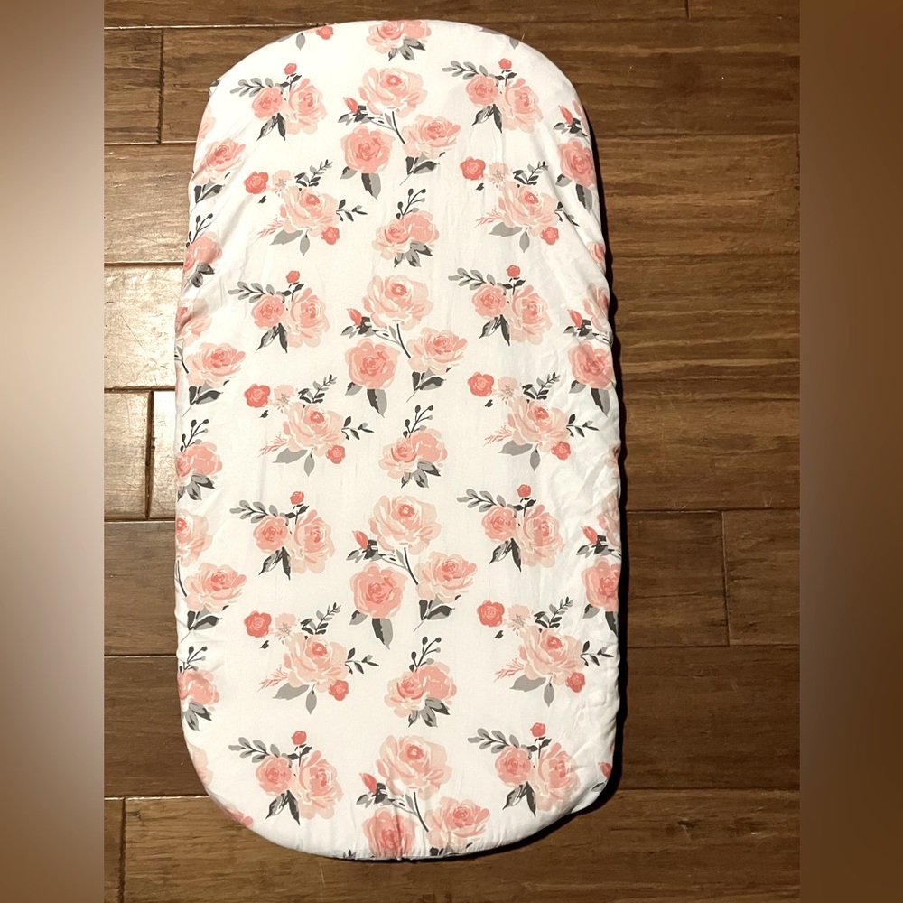 Set a two pink and white with roses bassinet covers / sheets for baby girl.